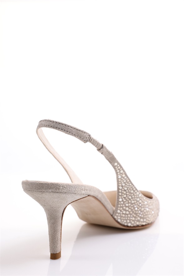 Bej Taşlı Sivri Burun Slingback 26014