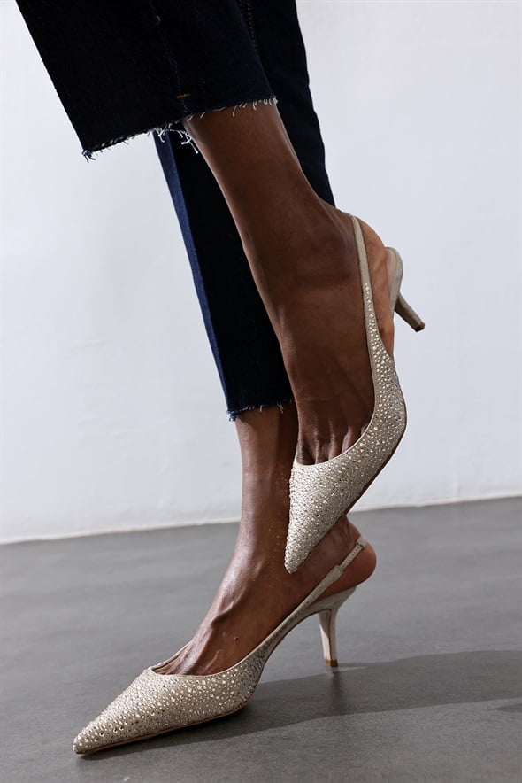 Bej Taşlı Sivri Burun Slingback 26014