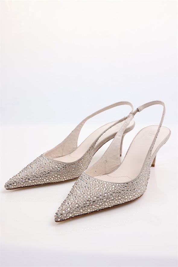 Bej Taşlı Sivri Burun Slingback 26014