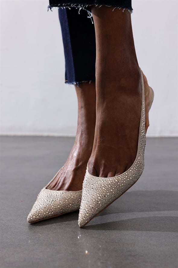 Bej Taşlı Sivri Burun Slingback 26014