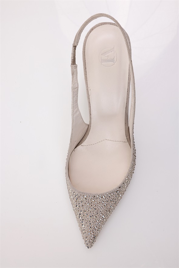 Bej Taşlı Sivri Burun Slingback 26014