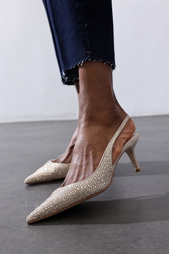 Bej Taşlı Sivri Burun Slingback 26014