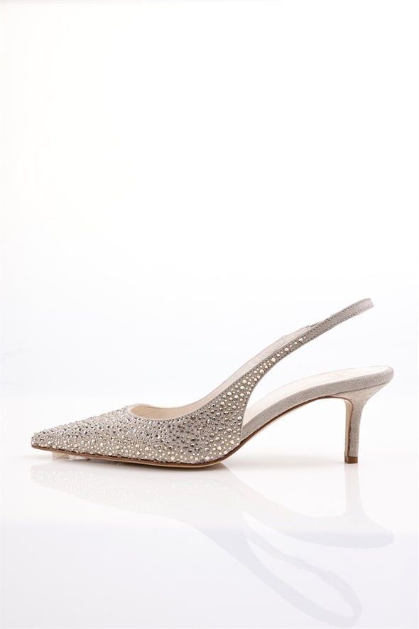 Bej Taşlı Sivri Burun Slingback 26014