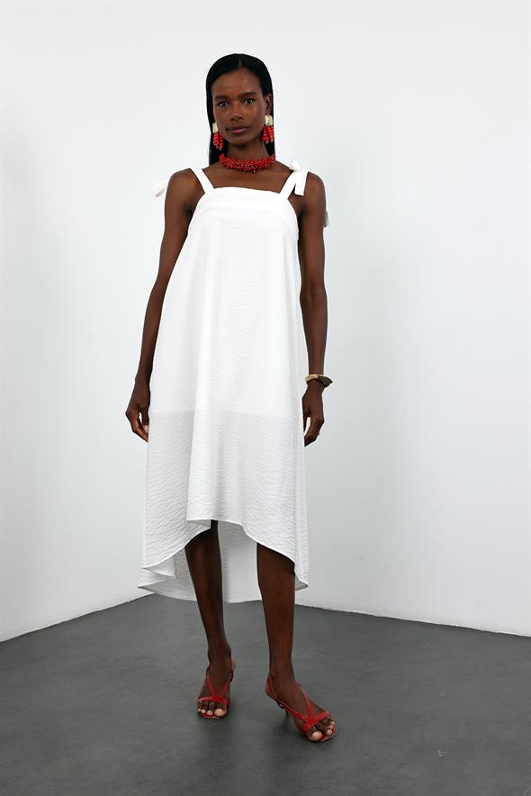 Beyaz Bağlama Askılı Midi Boy Elbise 26553