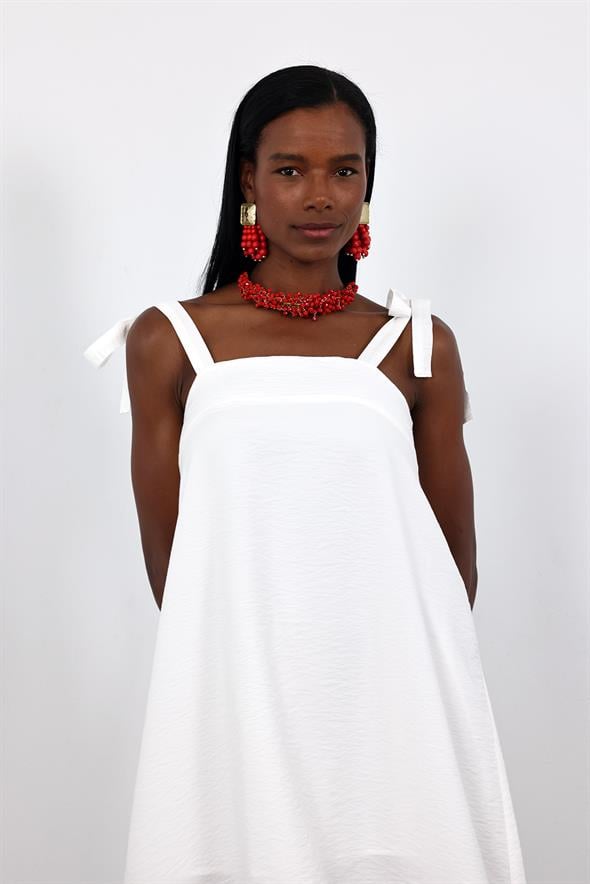 Beyaz Bağlama Askılı Midi Boy Elbise 26553