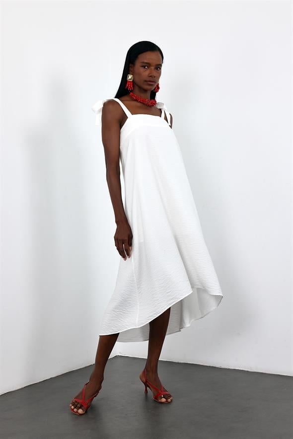 Beyaz Bağlama Askılı Midi Boy Elbise 26553