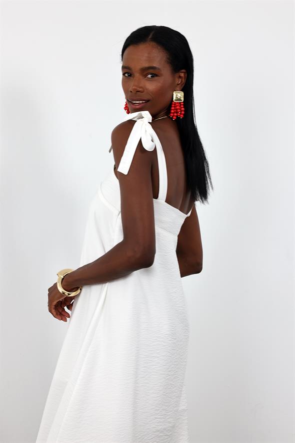 Beyaz Bağlama Askılı Midi Boy Elbise 26553