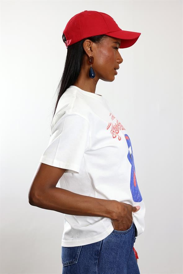 Beyaz Baskılı Oversize Tişört 