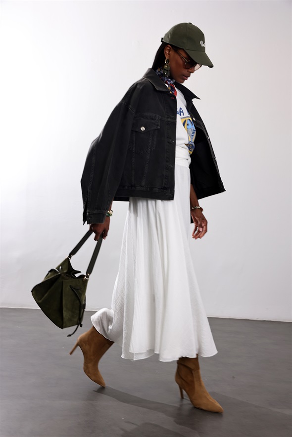 Beyaz Beli Lastikli Maxi Etek 39606