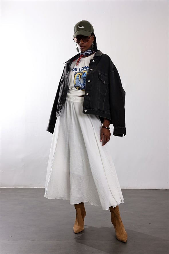 Beyaz Beli Lastikli Maxi Etek 39606