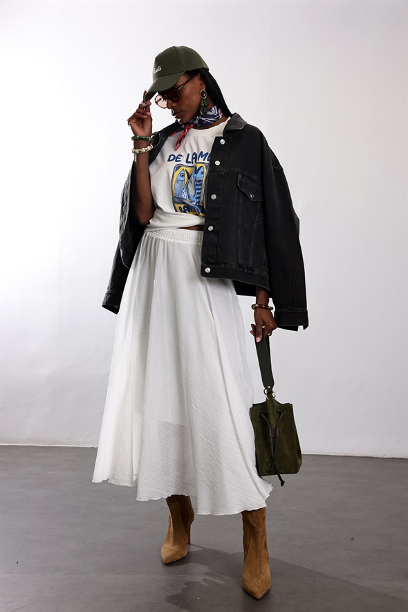 Beyaz Beli Lastikli Maxi Etek 39606