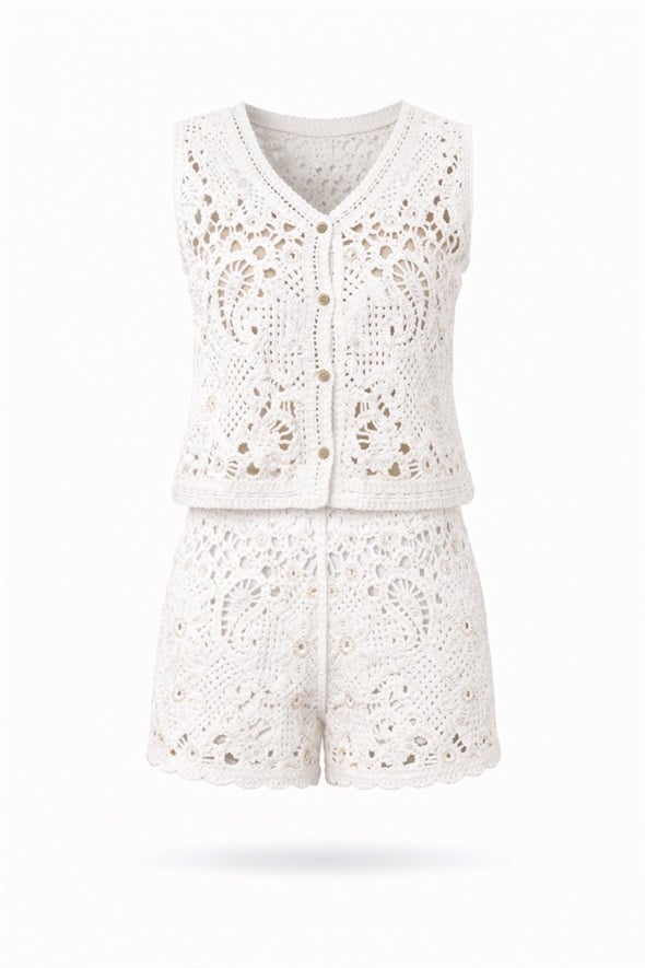 Beyaz Boncuk İşlemeli Dantelli Takım 39410