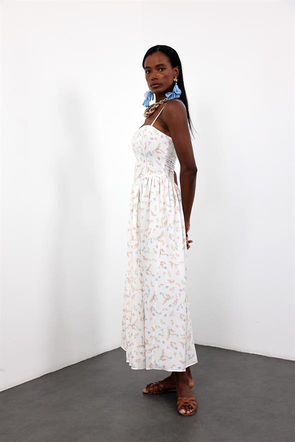 Beyaz Çiçek Desenli Volanlı Elbise 00673