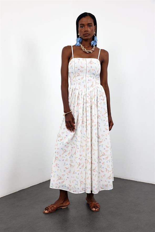 Beyaz Çiçek Desenli Volanlı Elbise 00673