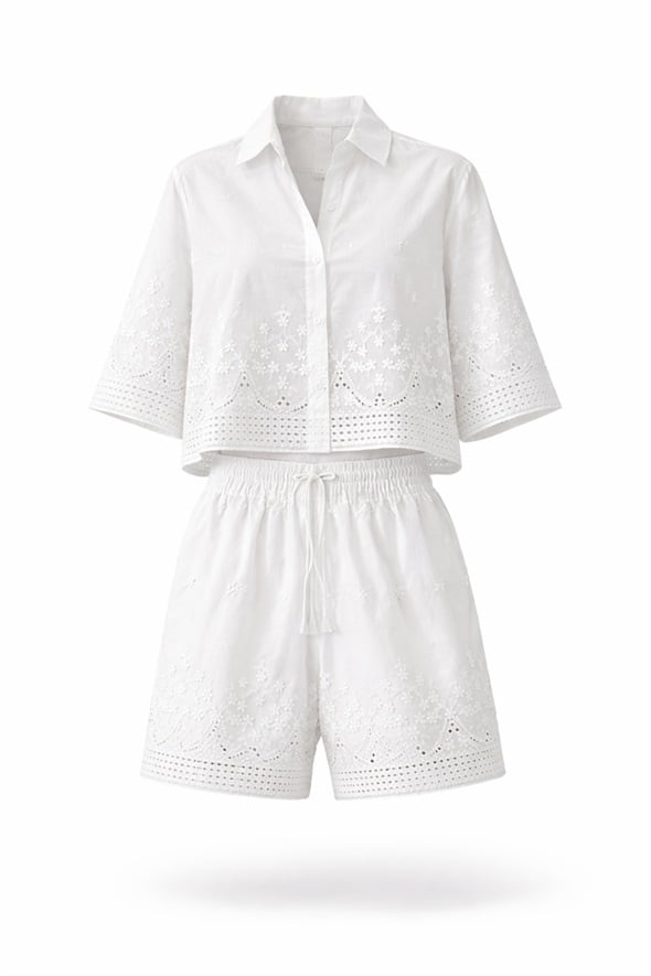 Beyaz Çiçek İşlemeli Gömlek Şort Takım 39429