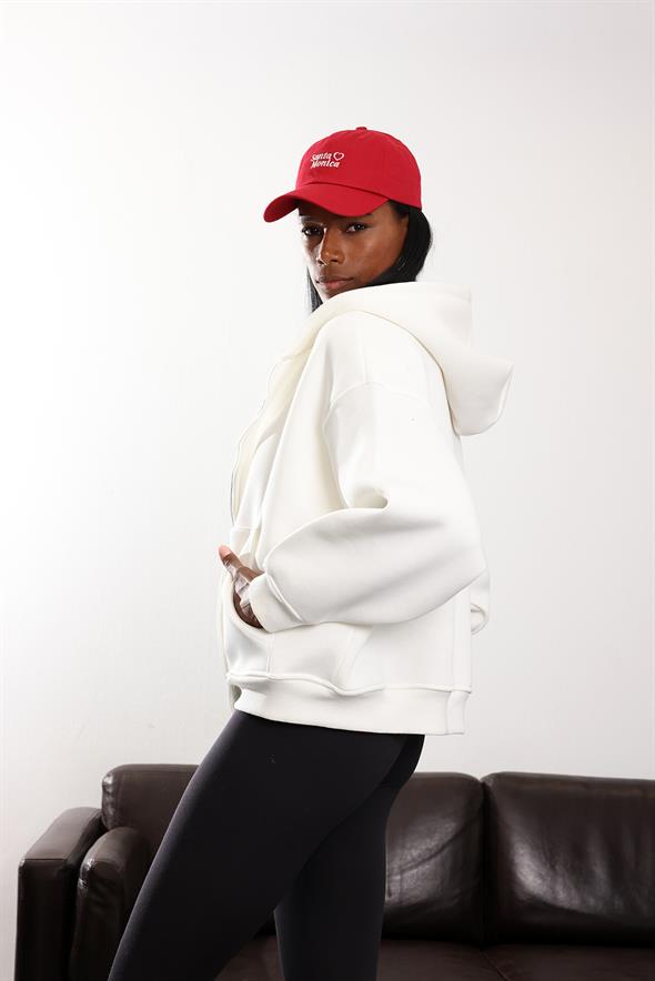 Beyaz Fermuarlı Kapüşonlu Sweatshirt 10822