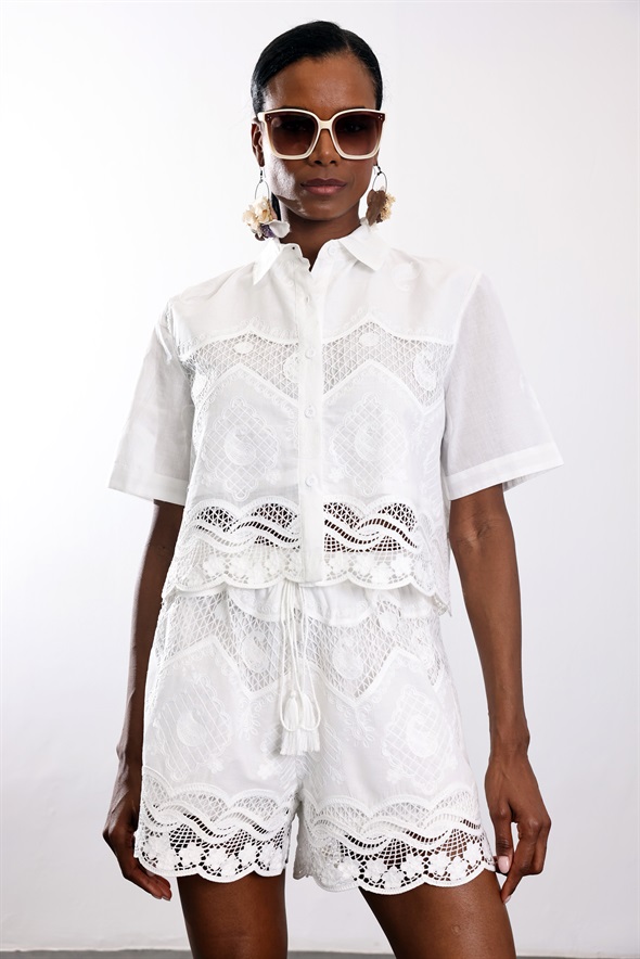 Beyaz Fisto İşlemeli Gömlek Şort Takım 39549