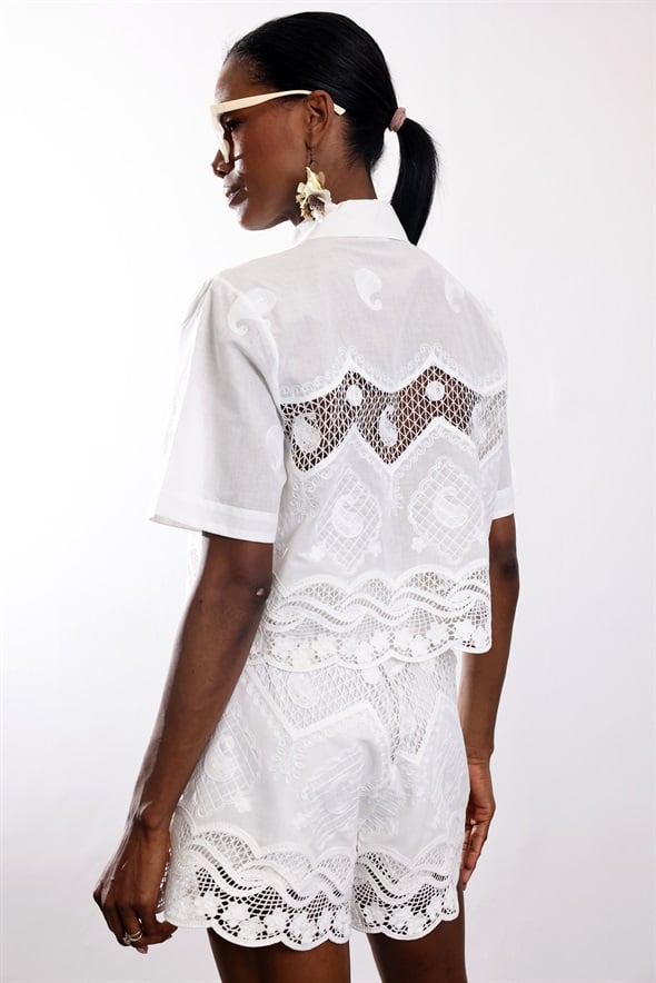 Beyaz Fisto İşlemeli Gömlek Şort Takım 39549