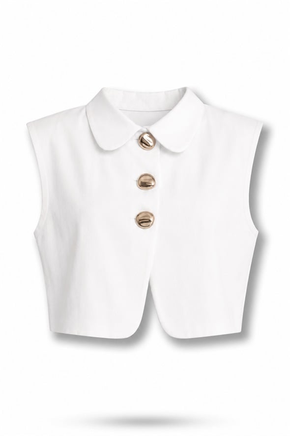 Beyaz Gold Düğmeli Crop Yelek 8419