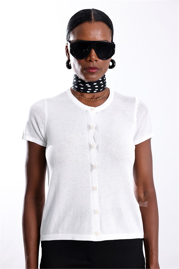 Beyaz İnce Kısa Kol Triko Hırka 5362