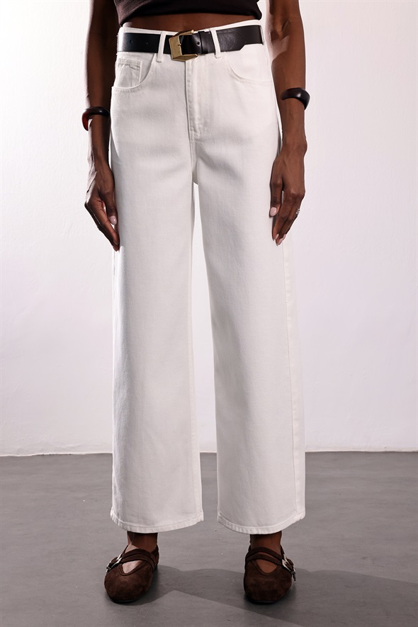 Beyaz Kemerli Tensel Denim Pantolon 0030