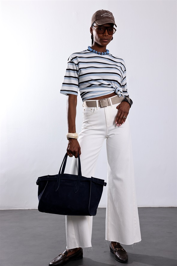 Beyaz Kemerli Wide Leg Jean 1016