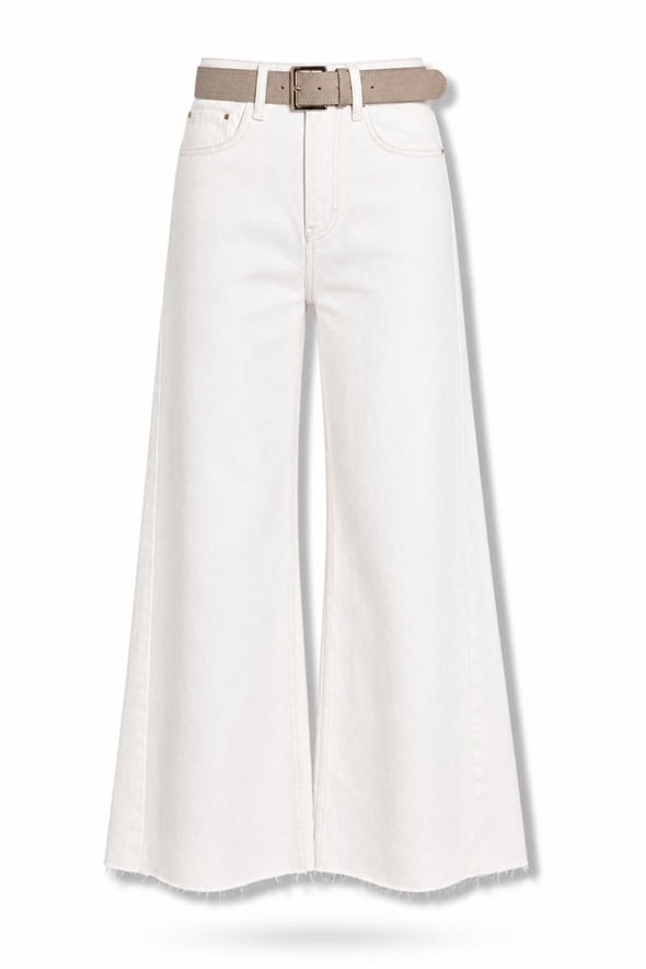 Beyaz Kemerli Wide Leg Jean 1016
