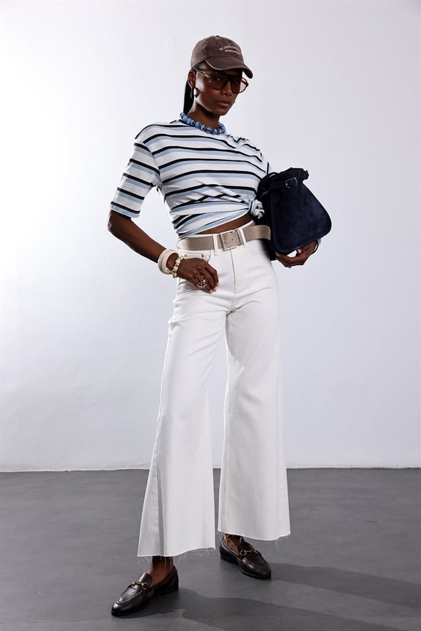 Beyaz Kemerli Wide Leg Jean 1016