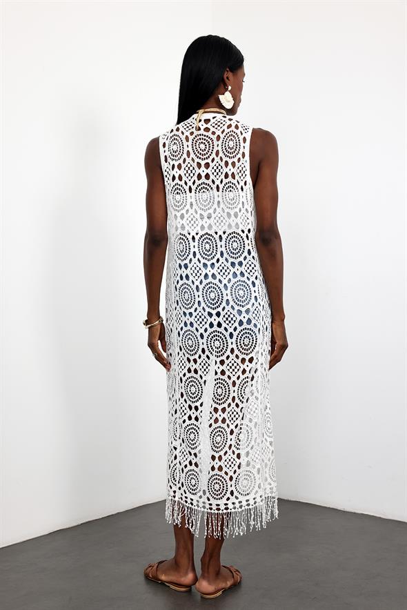 Beyaz Kroşe Maxi Boy Yelek 38871