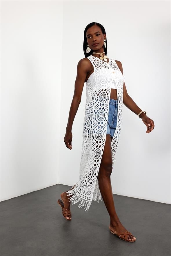 Beyaz Kroşe Maxi Boy Yelek 38871