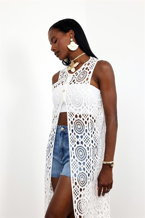 Beyaz Kroşe Maxi Boy Yelek 38871