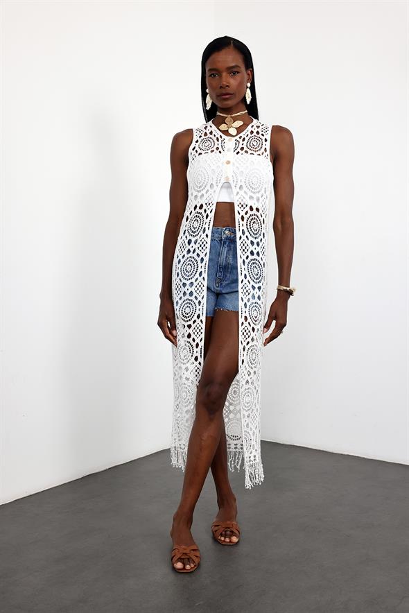 Beyaz Kroşe Maxi Boy Yelek 38871