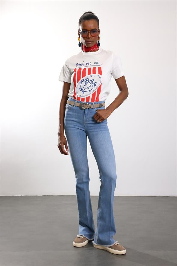 Beyaz Menu Del Dıa Baskılı Tişört 