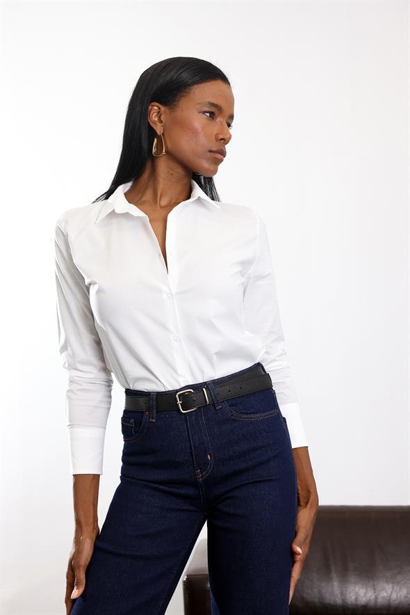 Beyaz Pens Detaylı Slim Fit Gömlek 018