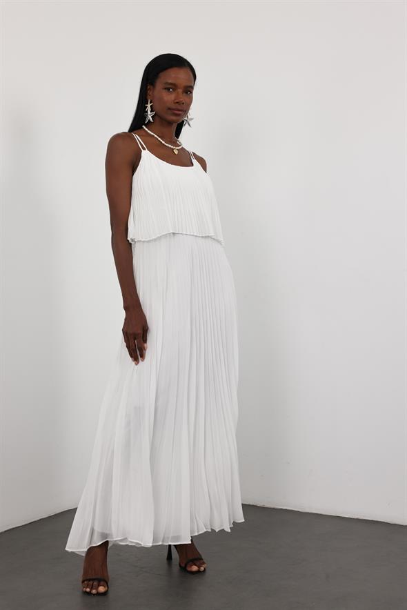 Beyaz Piliseli Şifon Elbise 00778