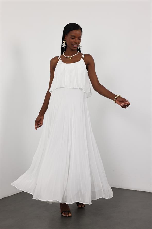 Beyaz Piliseli Şifon Elbise 00778