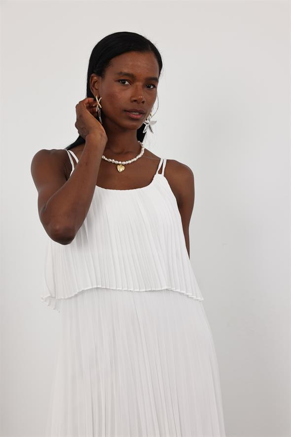 Beyaz Piliseli Şifon Elbise 00778