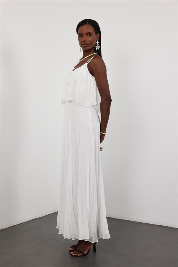 Beyaz Piliseli Şifon Elbise 00778