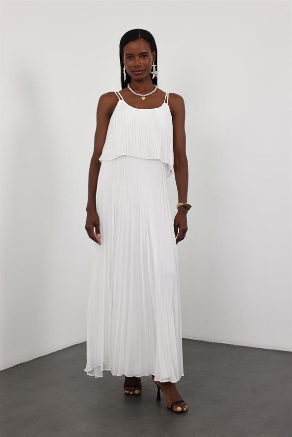 Beyaz Piliseli Şifon Elbise 00778