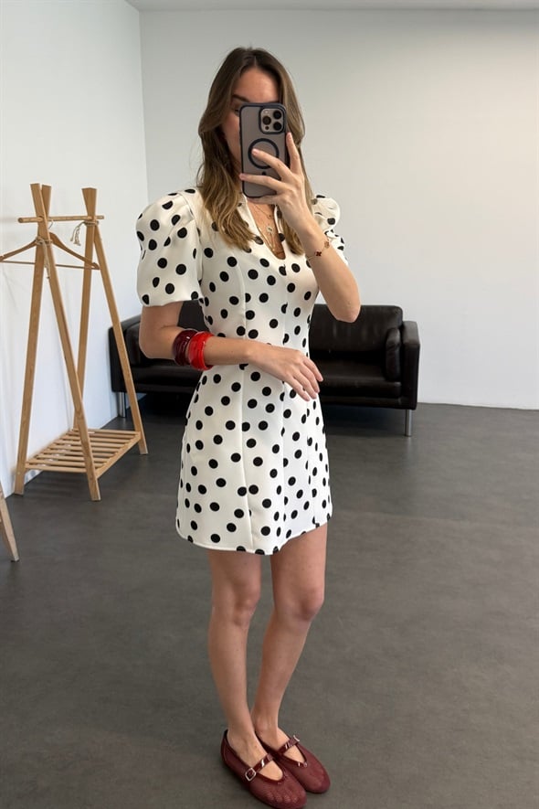 Beyaz Puantiyeli Mini Elbise 5337