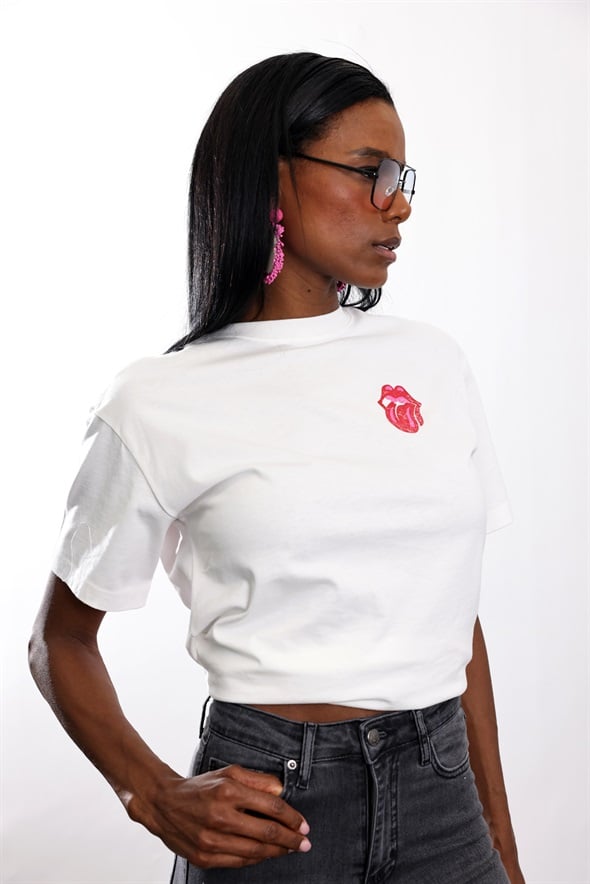 Beyaz Rolling Stones Baskılı Tişört 