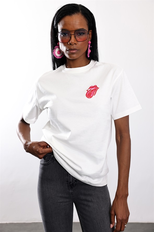 Beyaz Rolling Stones Baskılı Tişört 