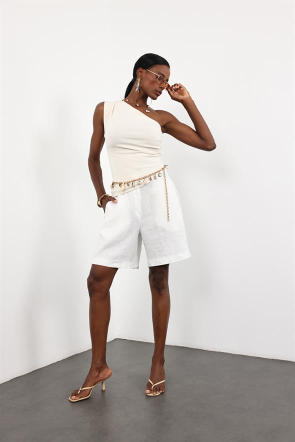 Beyaz Şehir Boy Keten Şort 1486