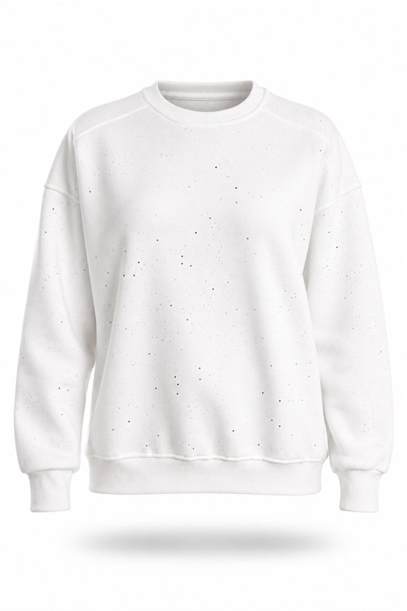 Beyaz Taşlı Bisiklet Yaka Sweatshirt 12177