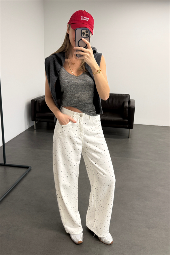 Beyaz Taşlı Wide Leg Jean 0026
