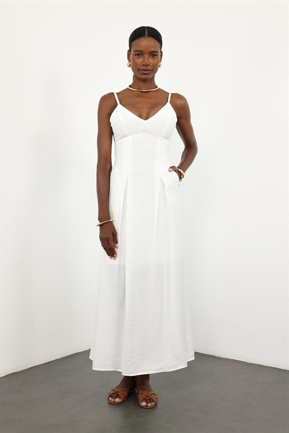 Beyaz V Yaka Sırt Detaylı Elbise 12010