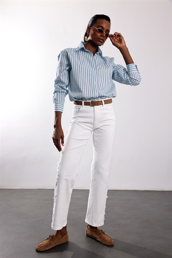 Beyaz Yanları Yıldız Nakışlı Jean 0960