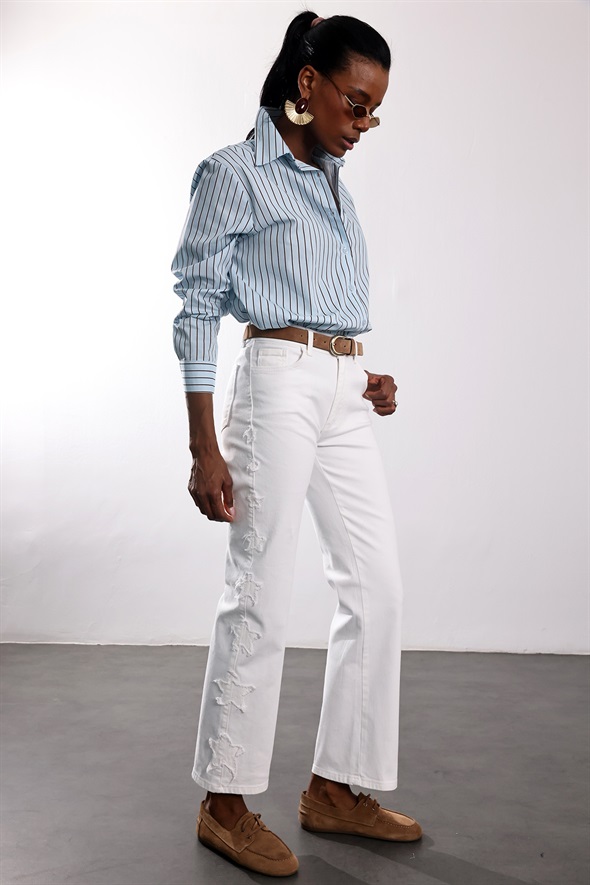 Beyaz Yanları Yıldız Nakışlı Jean 0960