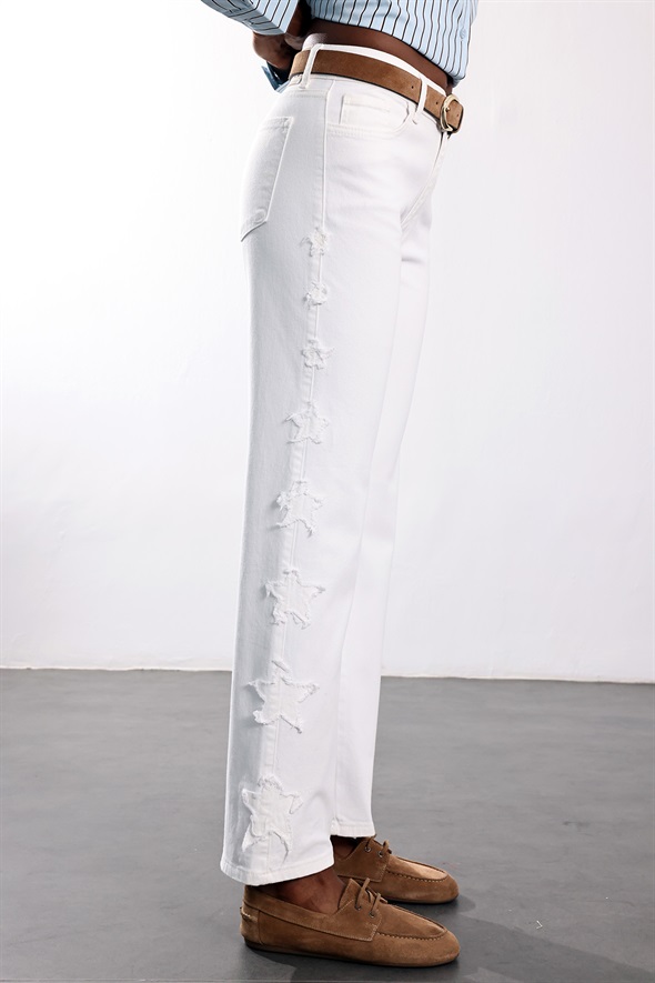 Beyaz Yanları Yıldız Nakışlı Jean 0960