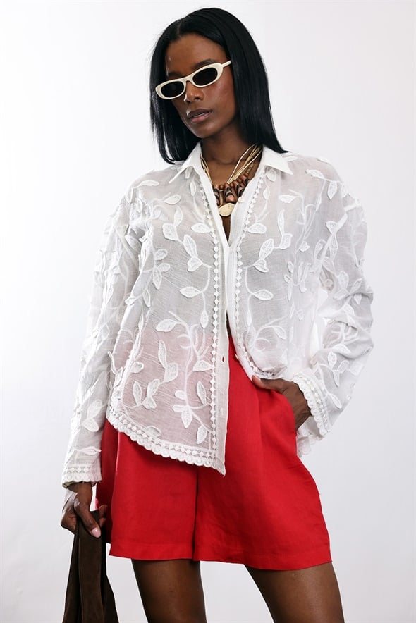 Beyaz Yaprak Desenli Gömlek 39719